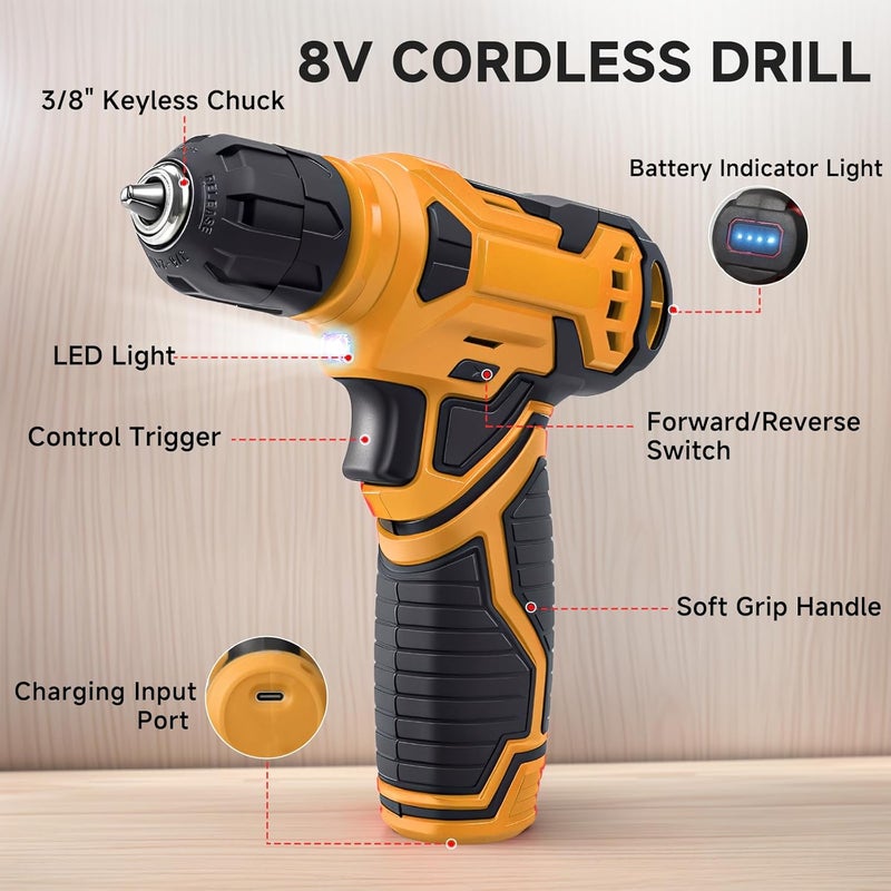 prekull Tool Set - Tool Kit with 8V Cordless Drill, 132 Piece Tool Box with Drill, Home Tool Kits for Men & Women, Hand Drill Set Perfect for Homeowner, Diyer, Handyman-Yellow - Image 4
